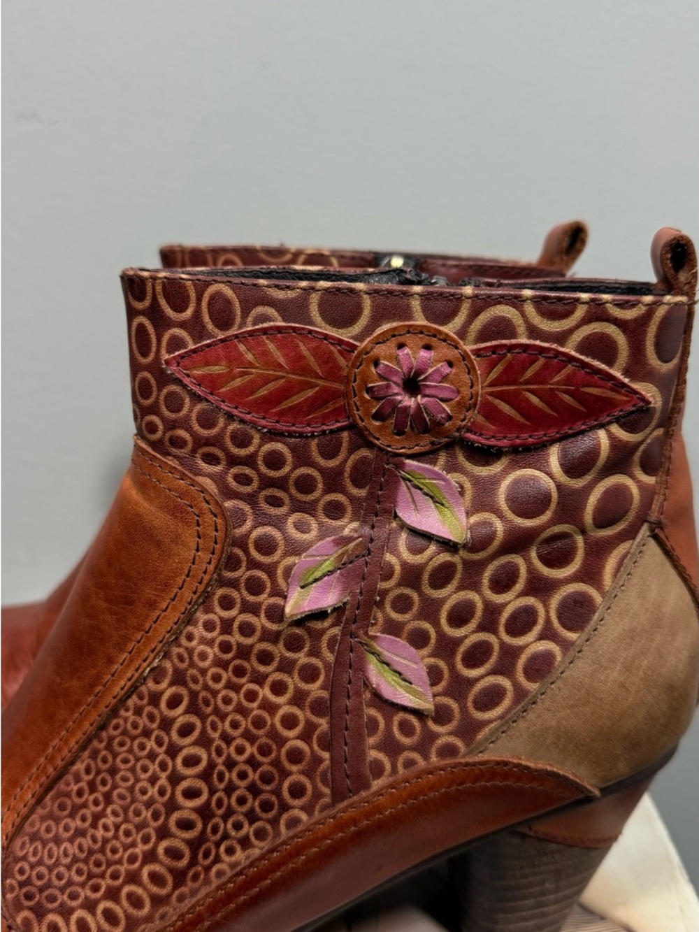 Women's Cognac Leather Ankle Booties with Decorative Cutouts - Picture 4 of 16